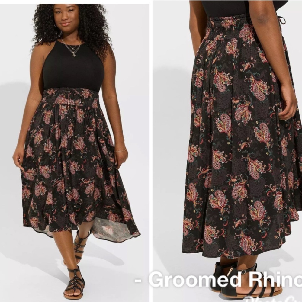 Torrid Black Paisley Smocked Waist Button Front Maxi Skirt Size 1X